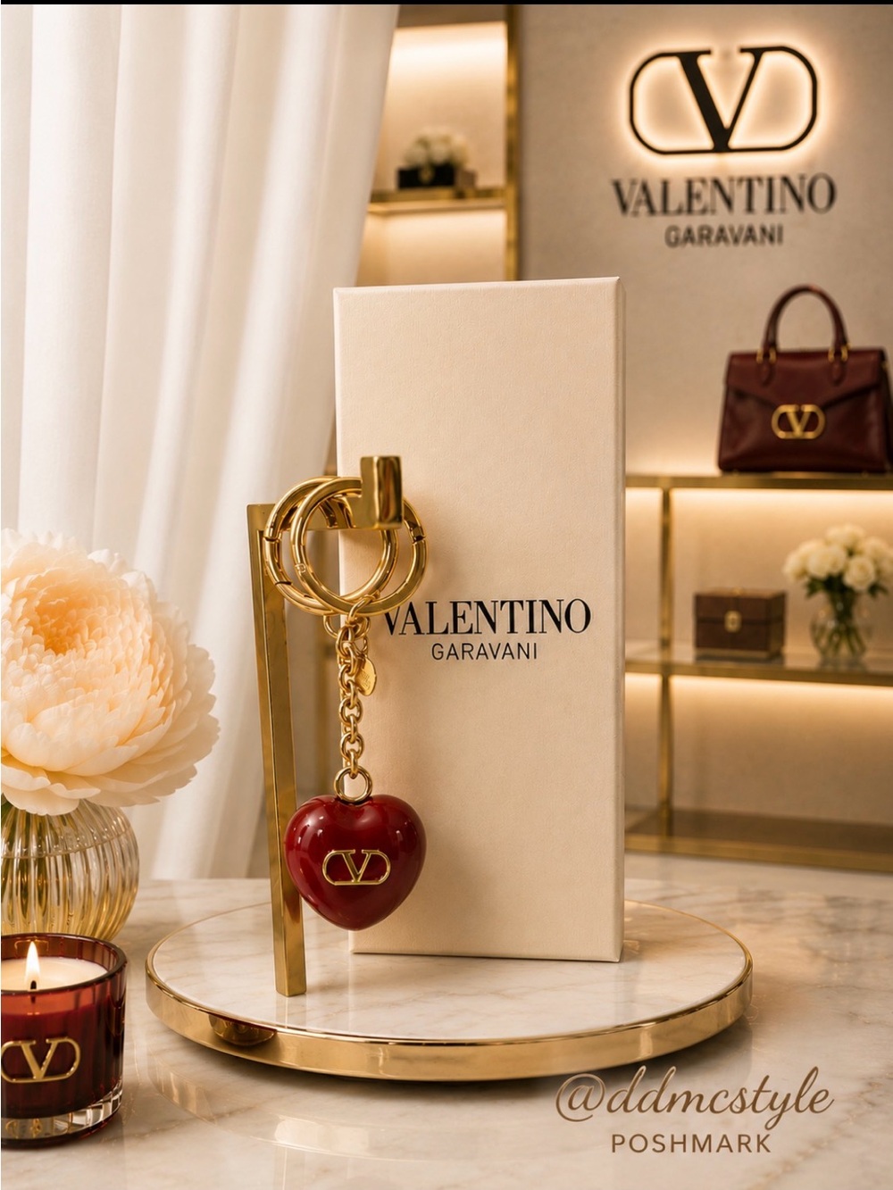 Valentino Garavani NIB Red Heart Keychain Charm with Gold Hardware
